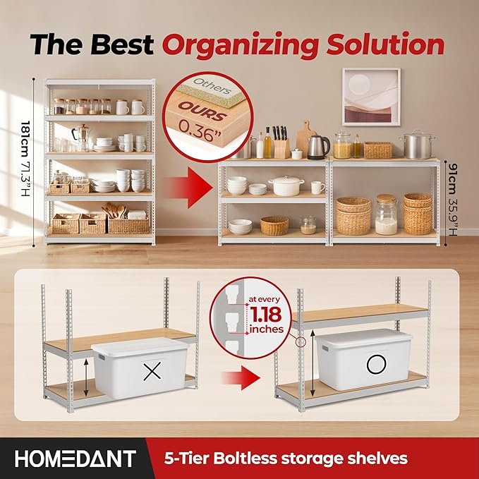 HOMEDANT White 5 Tier Laminated Boltless Heavy Duty Garage Storage Adjustable