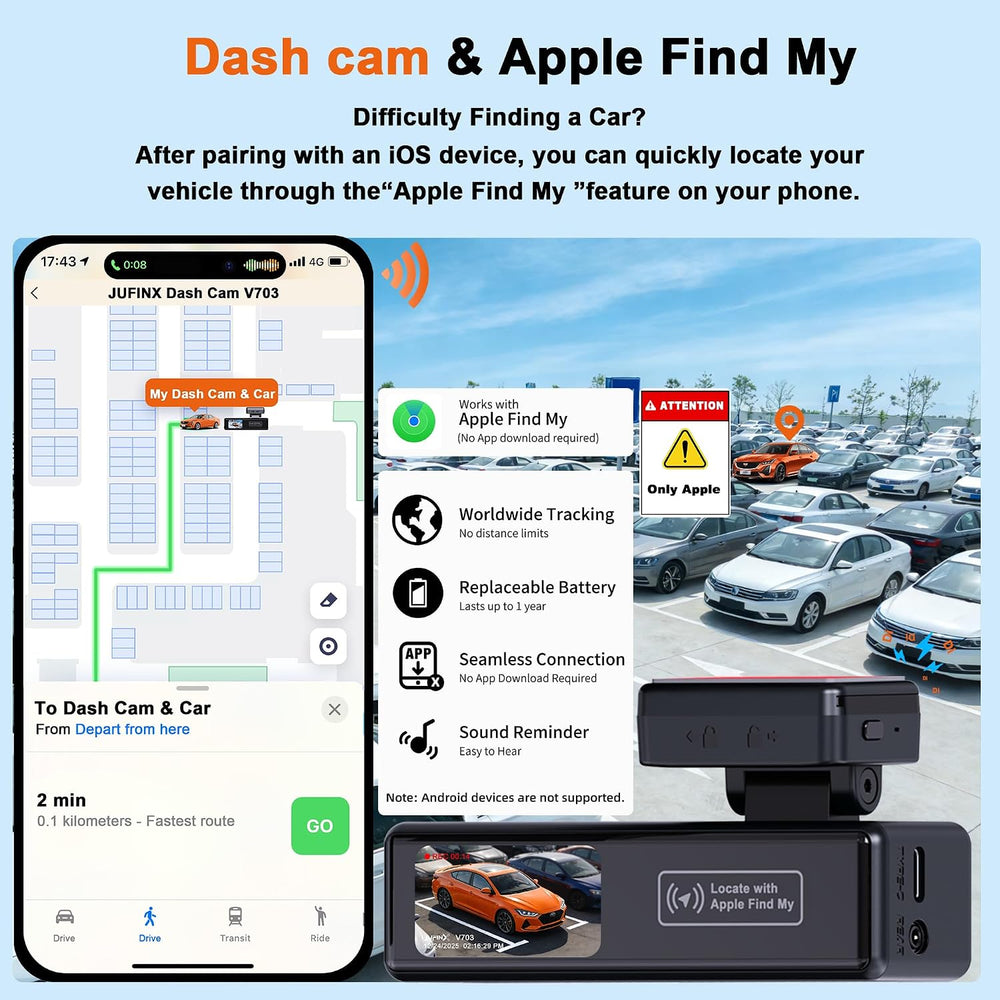 4K Dash Cam Front and Rear,with “Apple Find My” Function, 5.8GHz WiFi