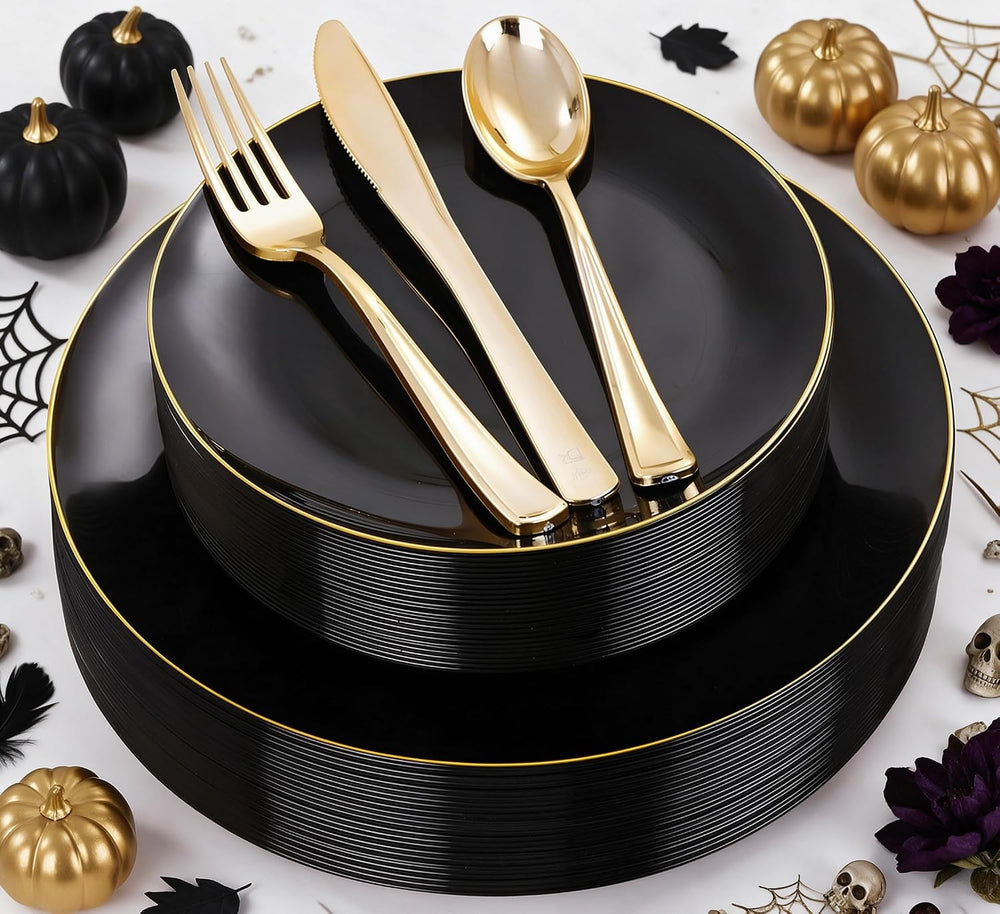 YOUBET 125PCS Black Plastic Plates with Gold Rim for Halloween