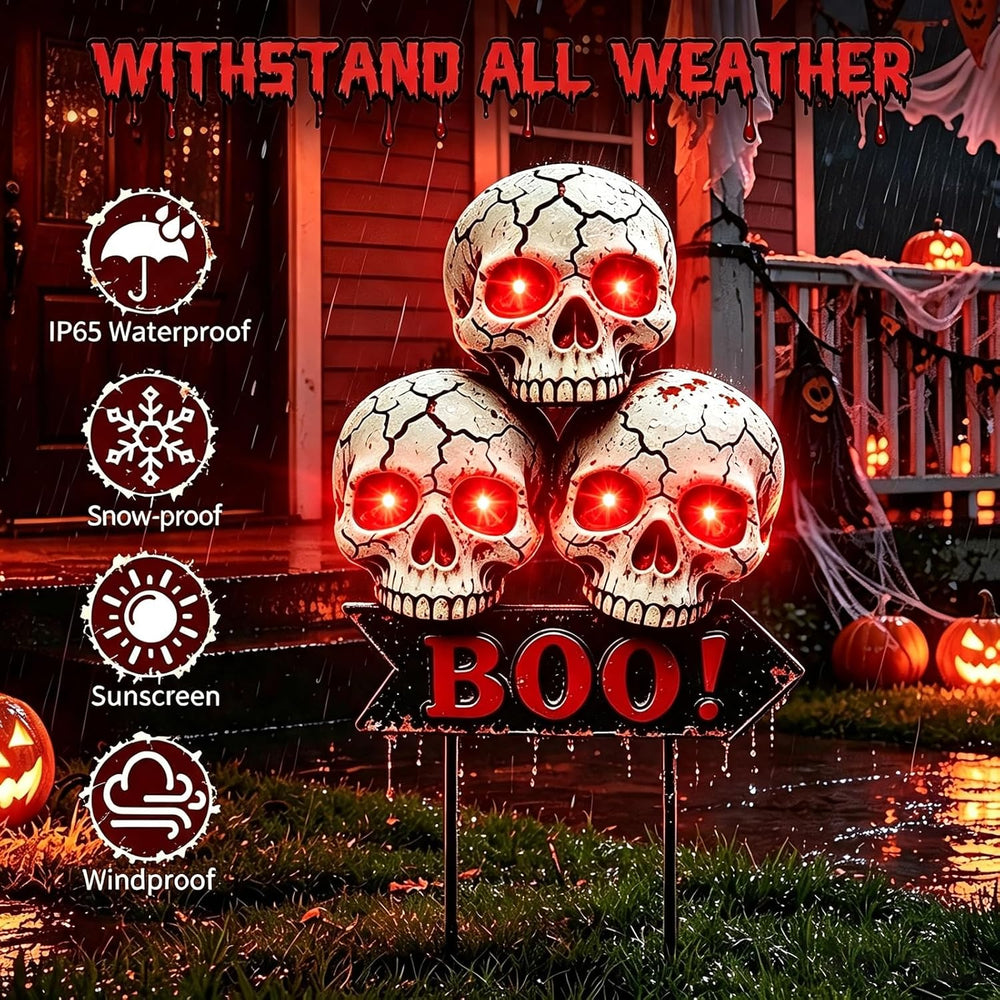 Halloween Decorations Outdoor, 2 Pack Solar Red Scary Skull Lights