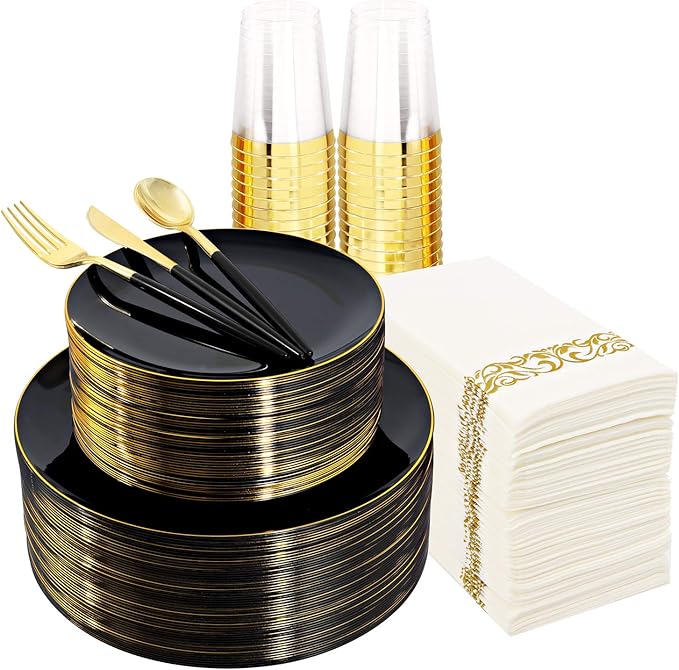 Supernal 350pcs Black Plastic Dinnerware Set - Black and Gold Plastic Plates,...