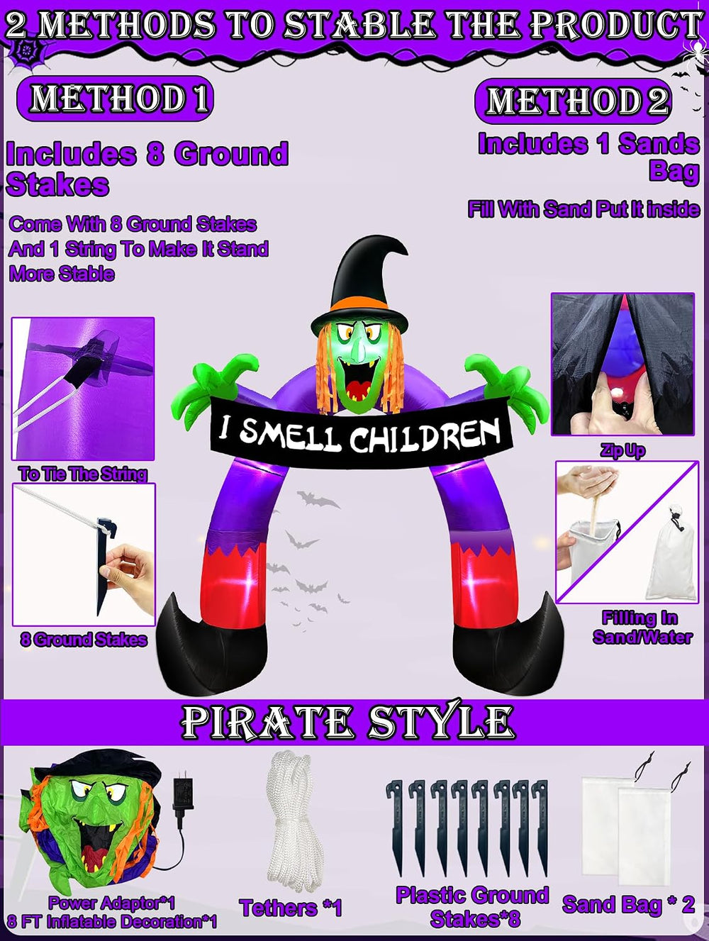 8Ft Halloween Inflatables Outdoor Decorations Witch Holds Banner Archway