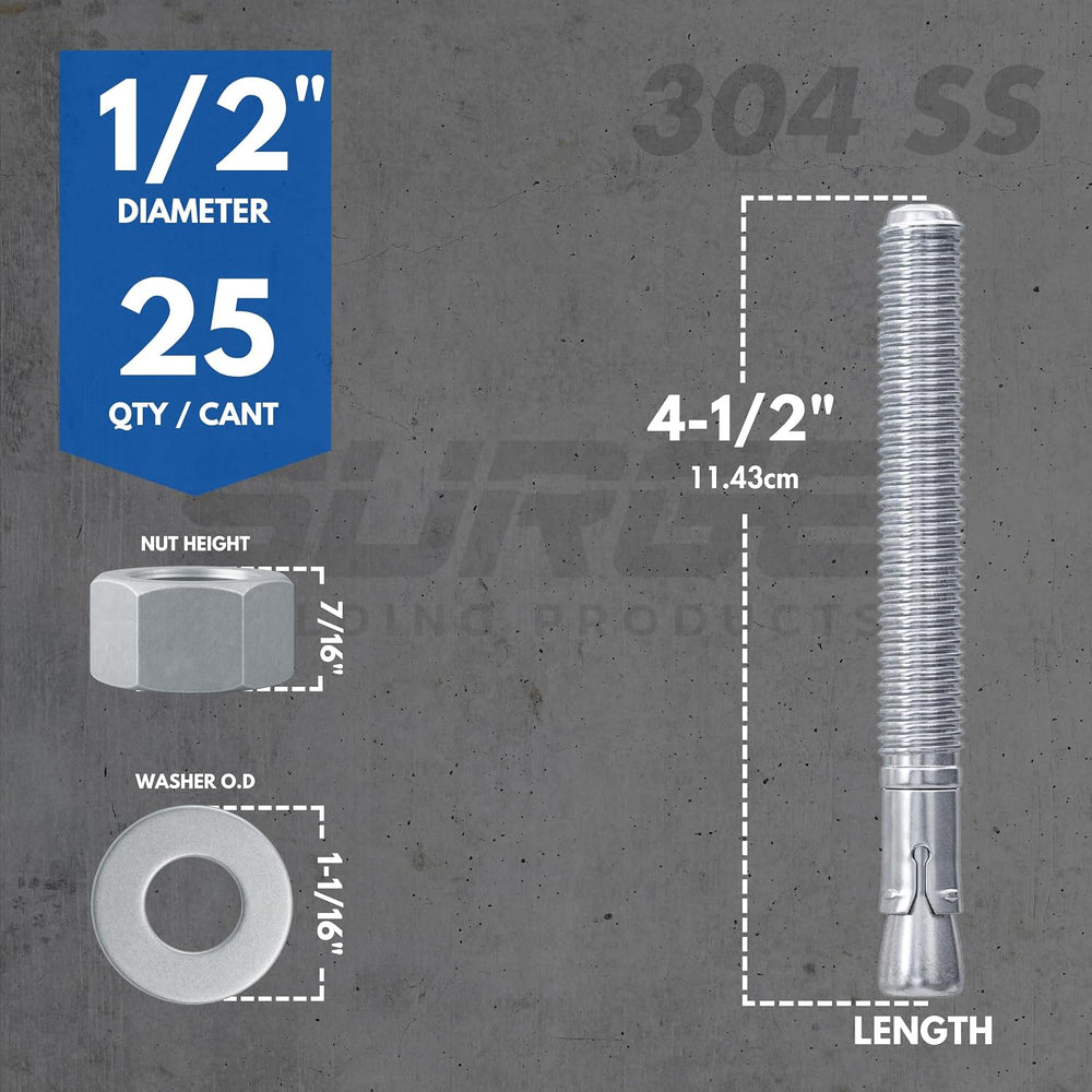 1/2" X 4-1/2" 304 Stainless Steel Wedge Anchors for Concrete (Box o...