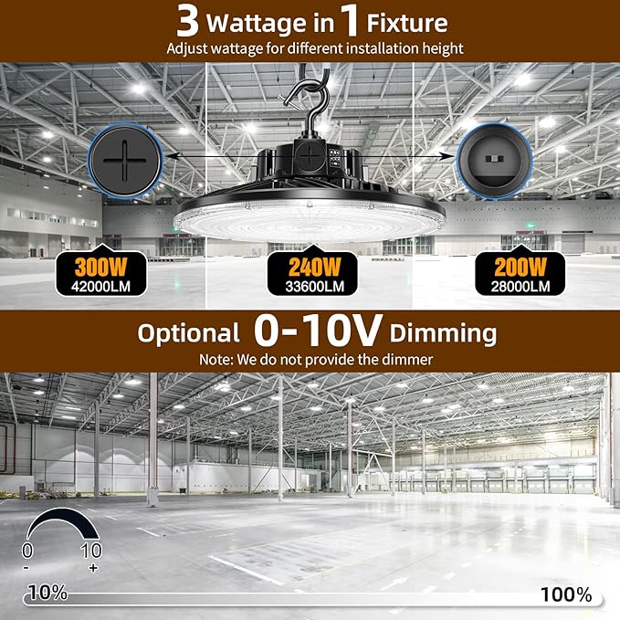 9 Pack 480V LED High Bay Light UL DLC Listed UFO Light 300W 240W 200W Adjustable