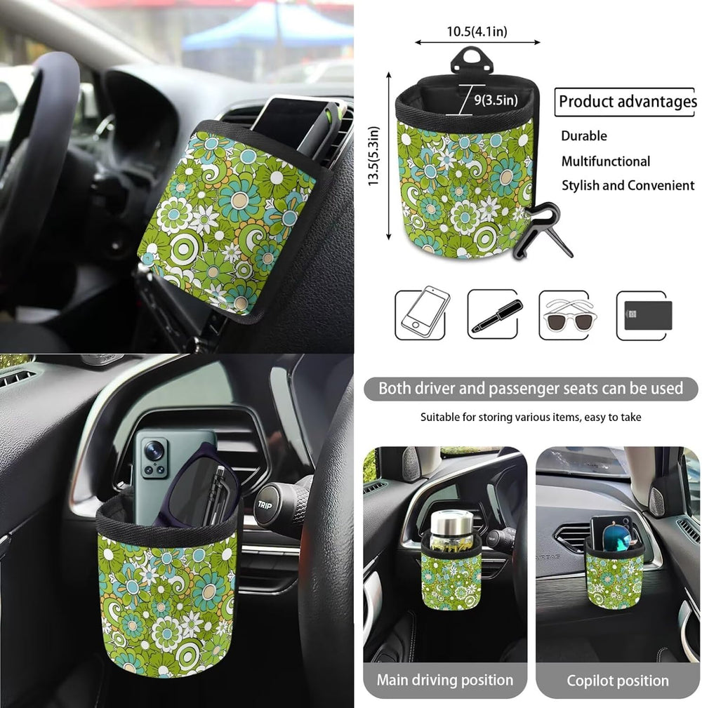 Hippie Flowers Green Print 15Pcs Car Seat Cover Full Set Car Steering Wheel C...