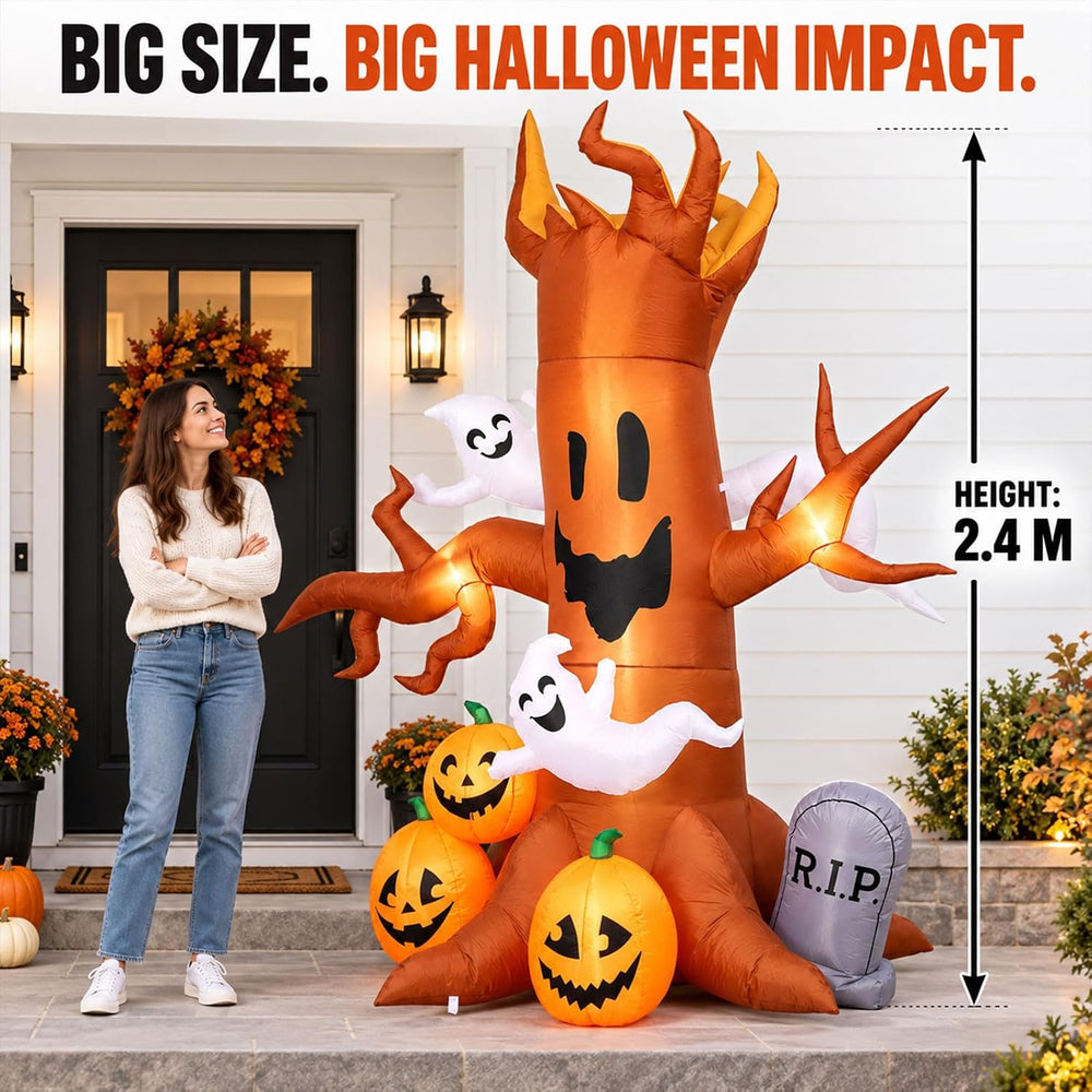 8FT Halloween Inflatable Ghost Tree Decoration with Pumpkins, Tombstone
