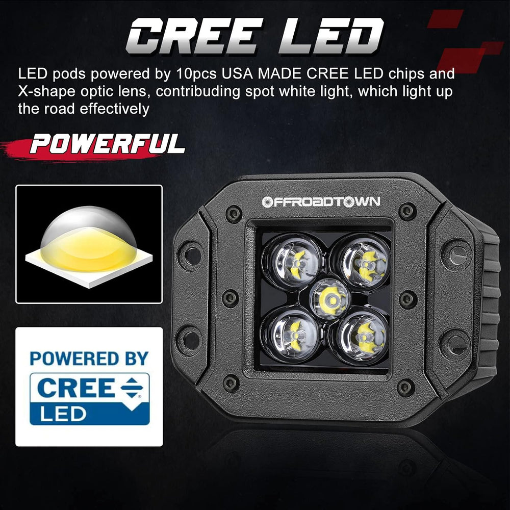 OFFROADTOWN 2PCS 100W 5 Inch CREE LED Pods, Spot Beam, Flush Mount, Waterproo...