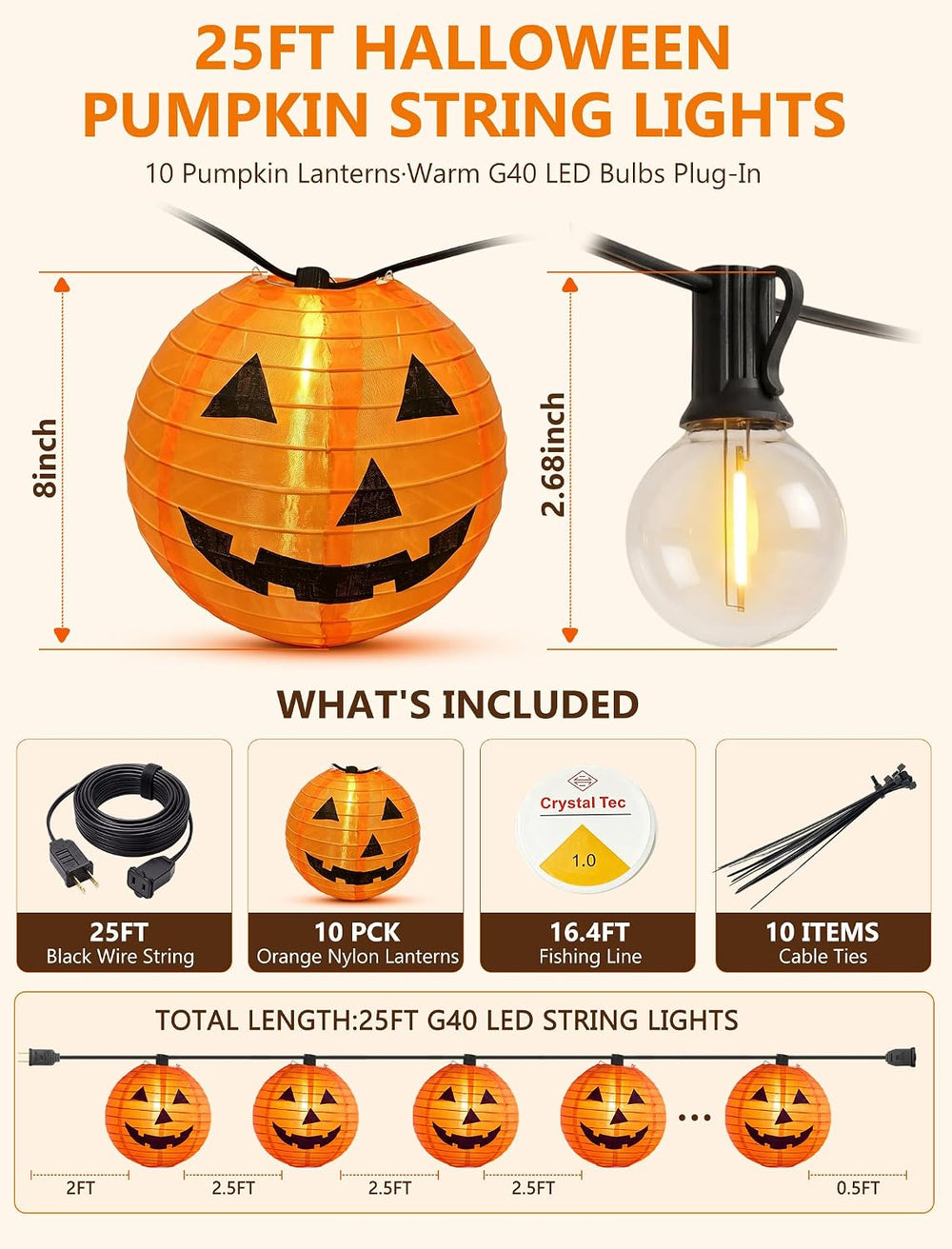 25FT Halloween Pumpkin Lantern String Lights, 10 Large Jack O'Lanterns