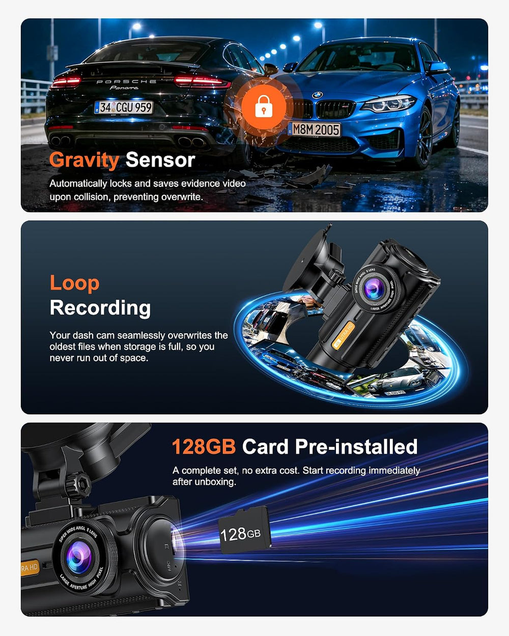 3 Channel 4K Dash Cam with STARVIS 2, 128GB Card Included, WiFi 6, GPS