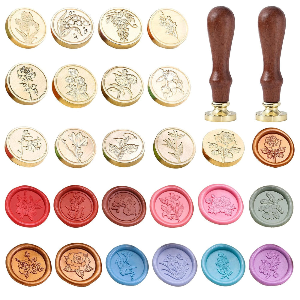 Flowers Wax Seal Stamp Kit - 25 Pcs Sealing Wax Stamps with 2 Pcs Handles,0.9...