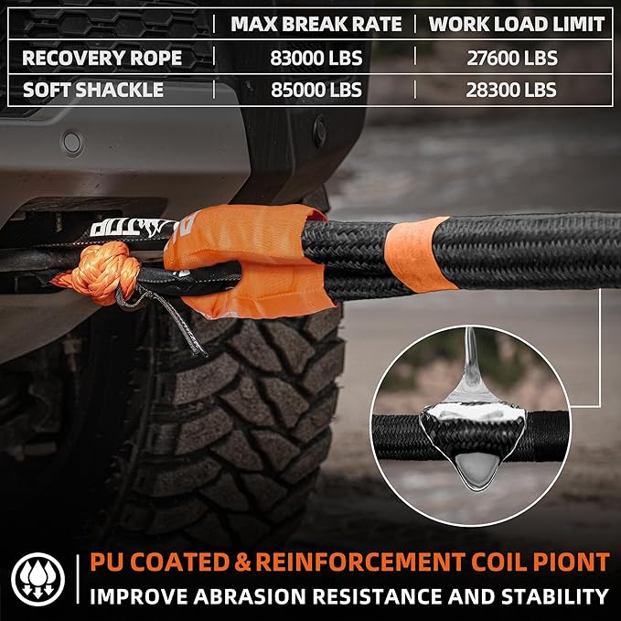 ALL-TOP Kinetic Recovery Rope Kit w/ 2 Soft Shackles, 1.5in x 30ft, Heavy Duty