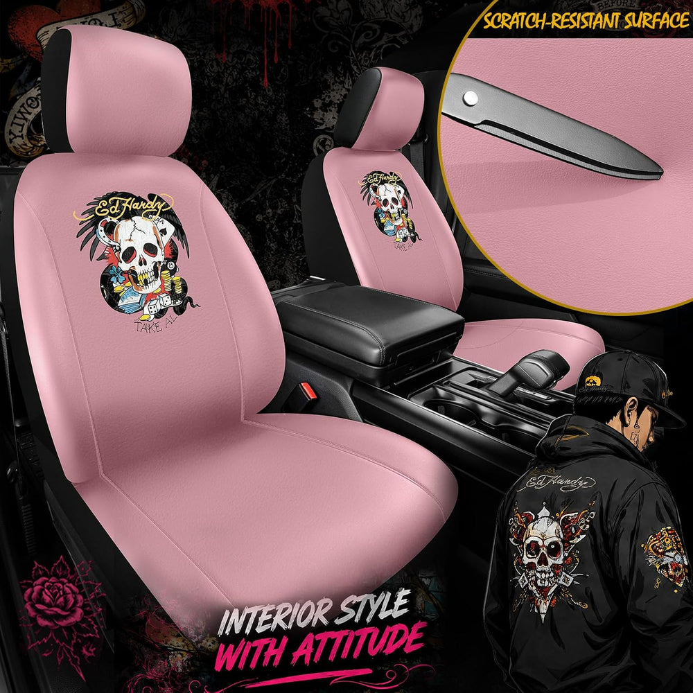 ED HARDY Casino Skull Car Seat Covers, Pink Premium Leather Seat Covers