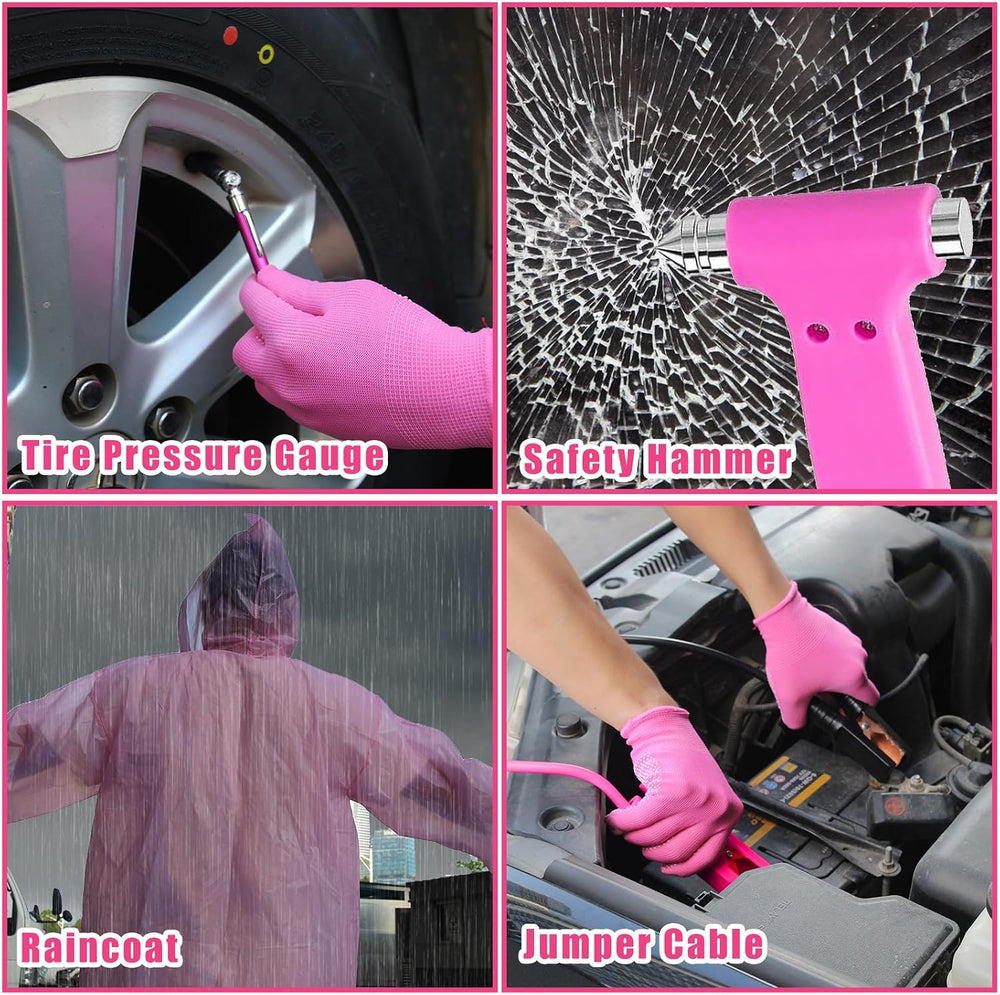 Car Emergency Kit, Pink Roadside Emergency Car Kit with Jumper Cables, Tow Ro...