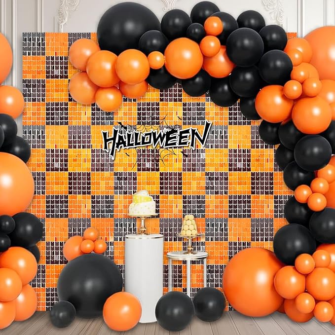 12PCS Black Orange Shimmer Wall Backdrop, Square Sequin Photo Backdrops Panel...