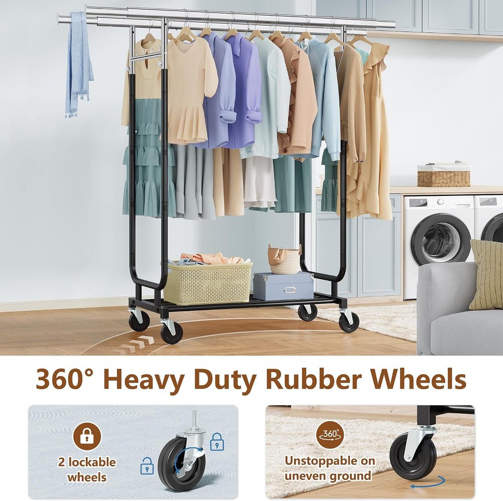 Heavy Duty Rolling Clothes Rack, 620 LBS Load Double Rod Adjustable Garment R...