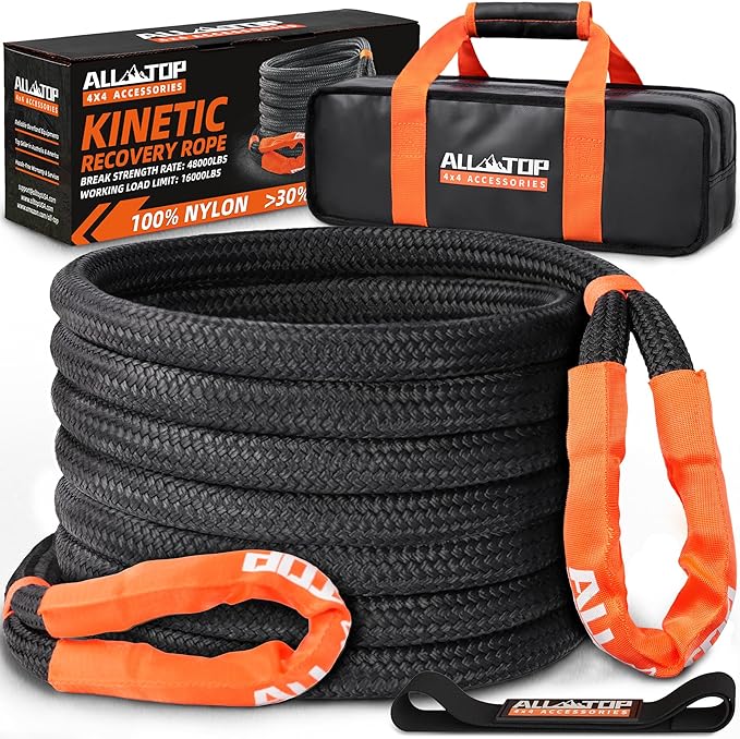 ALL-TOP Kinetic Recovery Rope, 1in x 30ft, Heavy Duty 30+% Elasticity, 16000Lbs