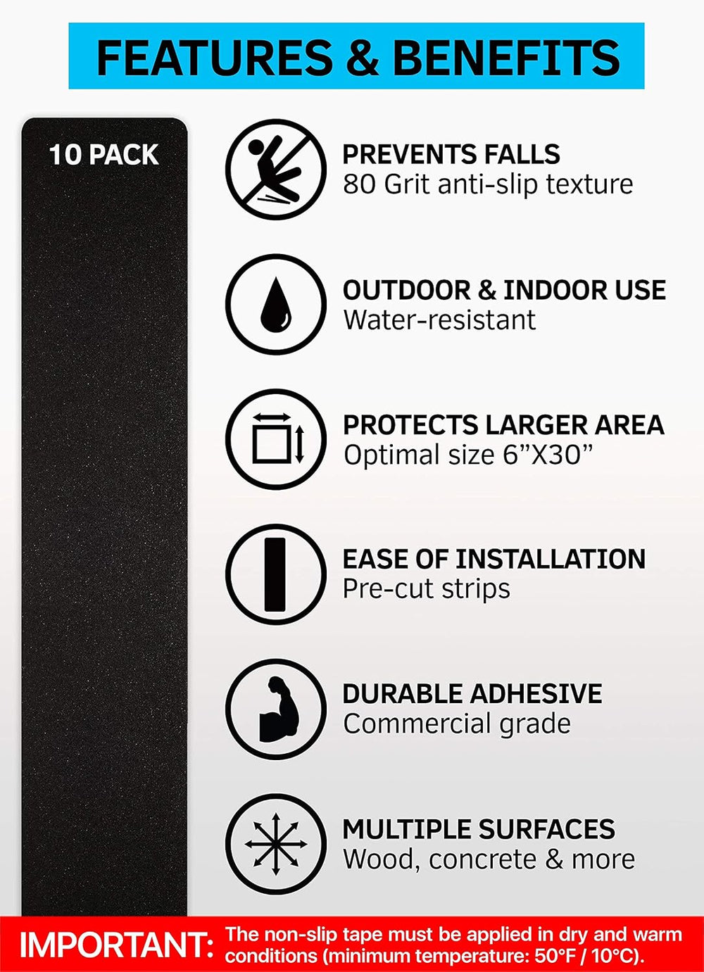 6”x30” Stair Treads Non-Slip Outdoor Tape – (10-Pack) Black Anti-Slip Strips