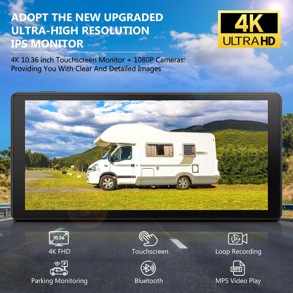 4K RV Backup Camera System, 10.36" Quad Split Touchscreen Monitor