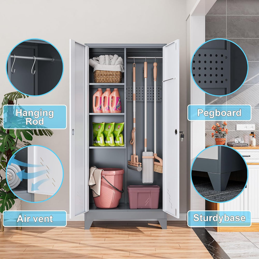 61" Metal Storage Cabinet with Lockable Doors, Cleaning Supply Cabinet w...