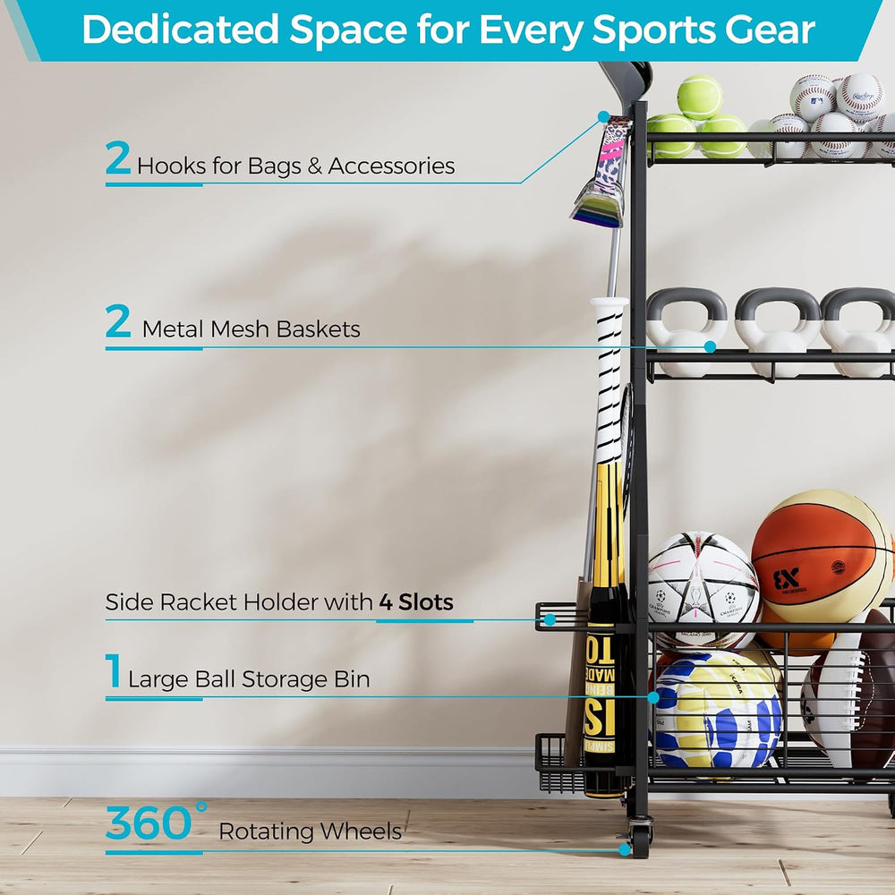 Sports Equipment Storage Rack with Wheels, 3-Tier Ball Organizer
