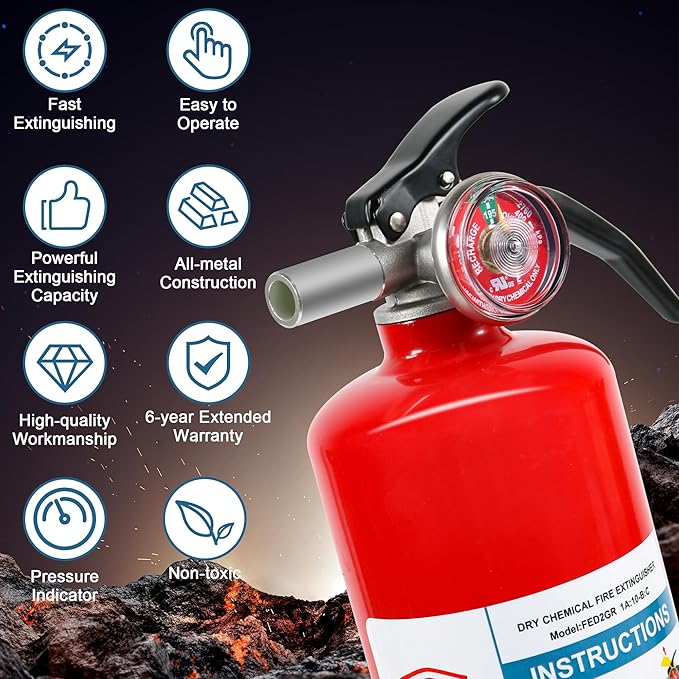 2 Pack ABC Dry Chemical Fire Extinguishers, 2.5 lb 1A:10B:C Rating