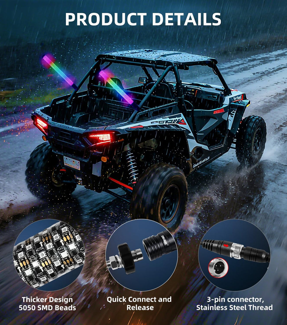ZIMABLUE 2PC 2FT Fat Whip Lights for Side by Side, App & Remote Control R...