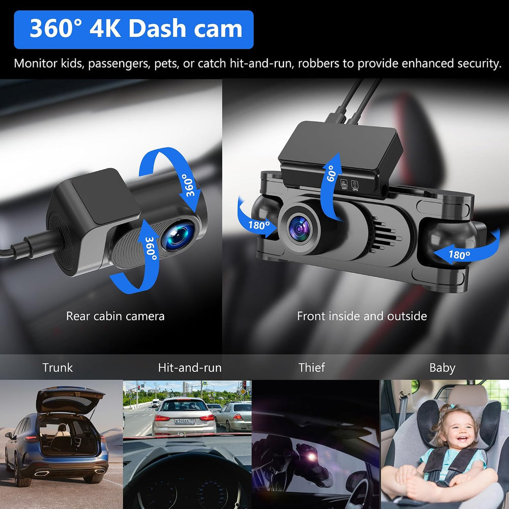 4K 4 Channel Dash Cam Front and Rear, 360 Car Camera, GPS & WiFi, 64GB Card