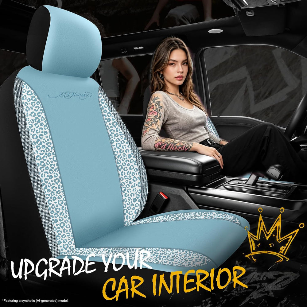 ED HARDY Car Seat Covers, Blue Leopard Print with Blue Rhinestone Trim, Styli...