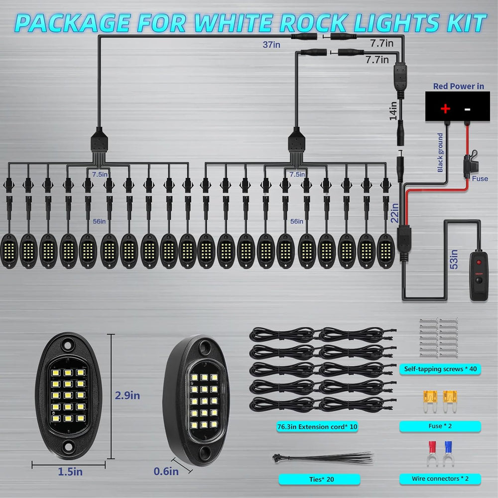 20Pods All Pure White LED Rock Lights Full Kit Plug and Play & Pre Wired ...
