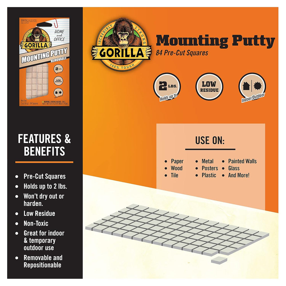 Gorilla Mounting Putty, Natural Tan Color, 84 Pre-Cut Squares (Pack of 8) - N...