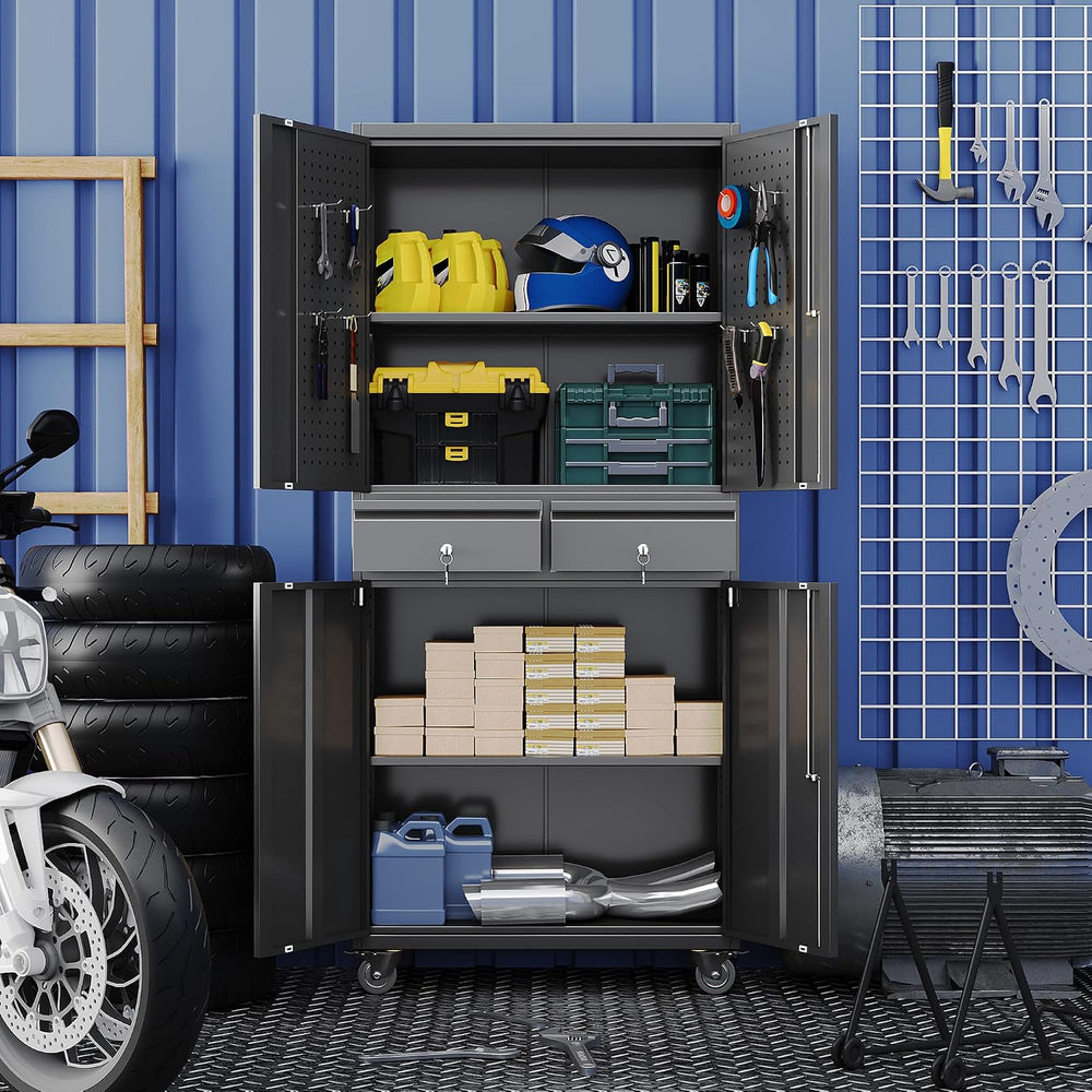 71-Inch Garage Storage Cabinet with 2 Drawers, Wheels and Pegboard