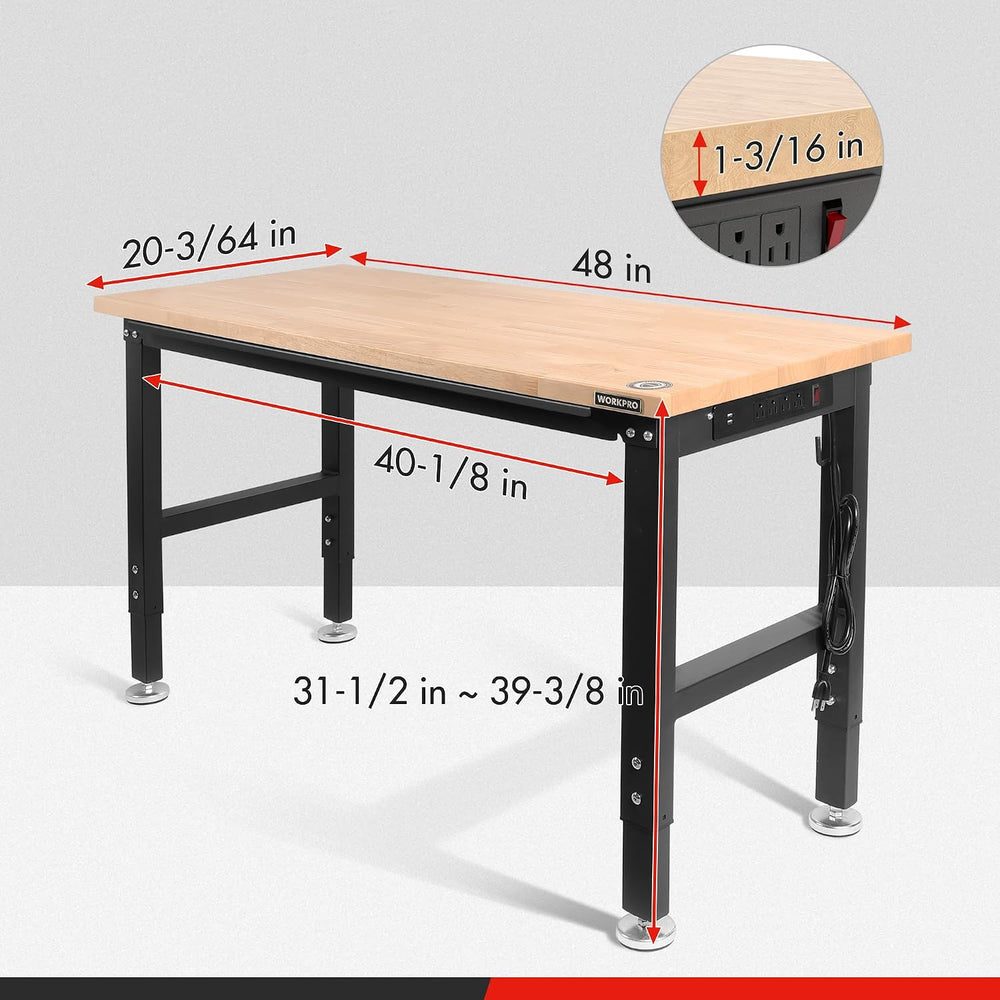 WORKPRO 48" Adjustable Workbench, Rubber Wood Top, 2000 LBS Capacity