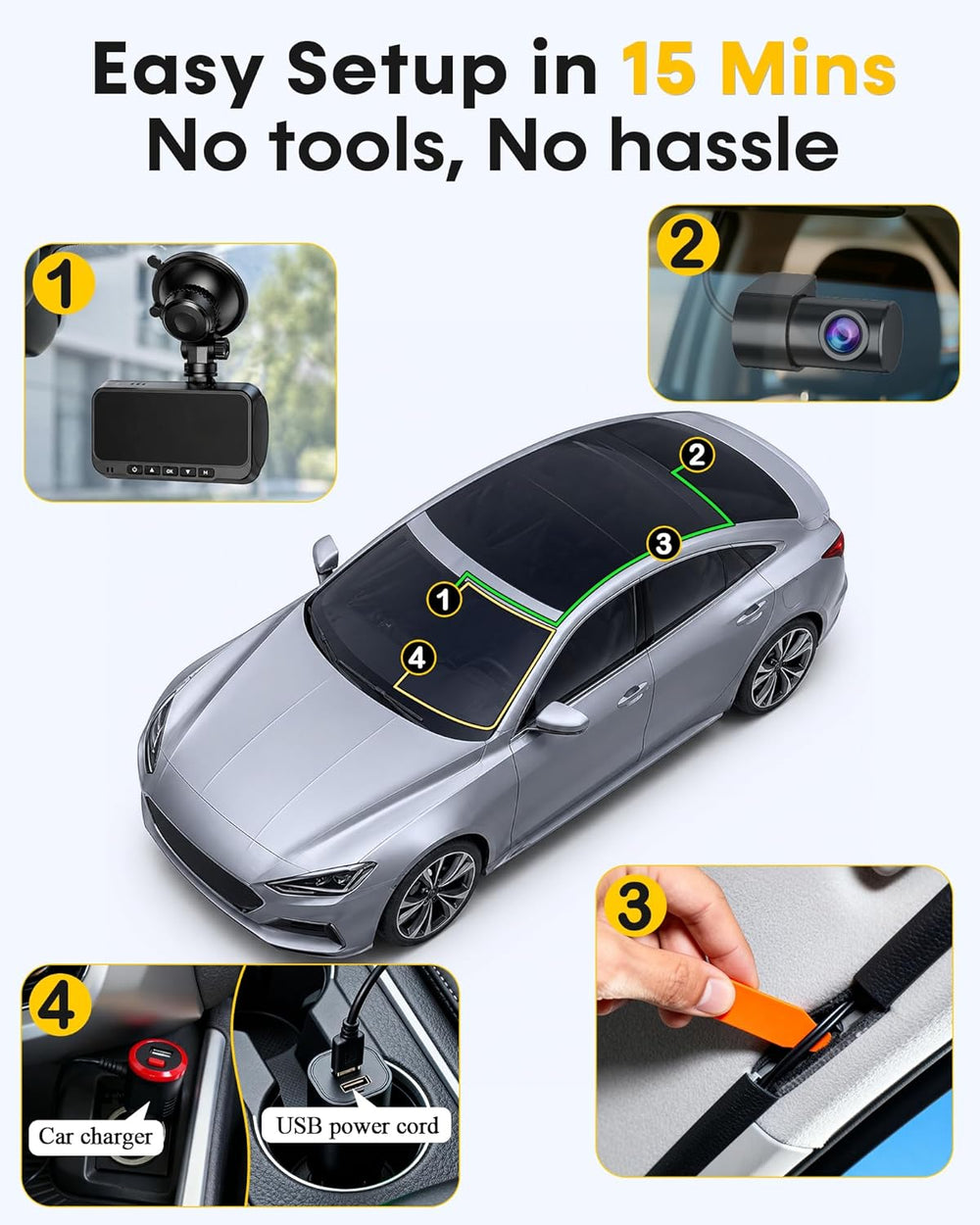 4K Dash Cam Front and Rear: 15-Min Setup 5.8GHz WiFi 20MB/s Fast Download