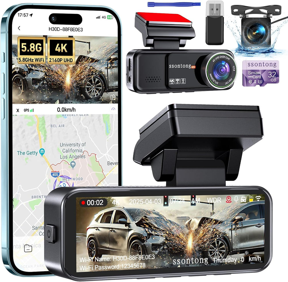 Dash Cam Front and Rear, 4K GPS 5.8G WiFi ADAS Dashcam,3.2" IPS Screen 32GB