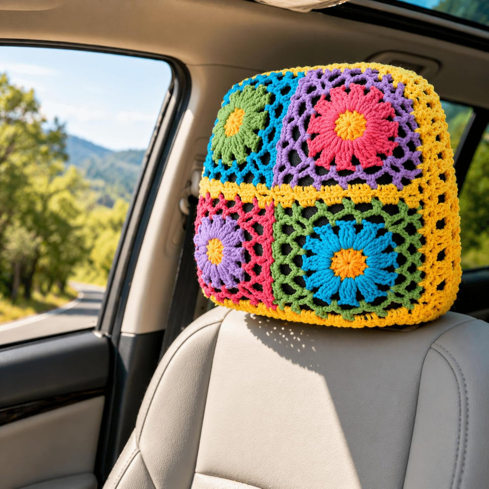 Crochet Seat Headrest Cover, Car Head Rest Protector, Cute Sunflower Car Acce...