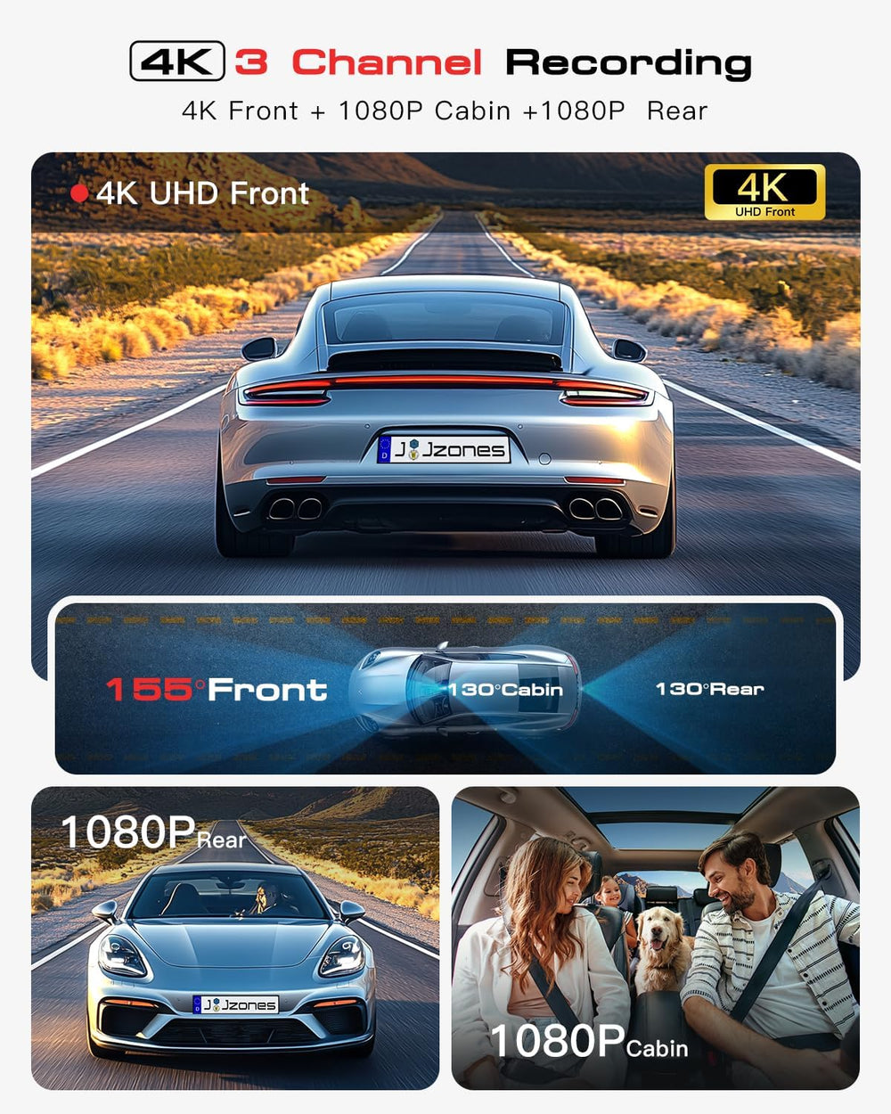 Jzones 4K 3-Channel Dash Cam Front and Rear with Cabin, STARVIS 2 Sensor, Das...