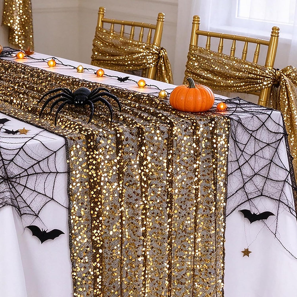 Black Gold Sequin Table Runner Rectangular Glitter Halloween Party Reusable
