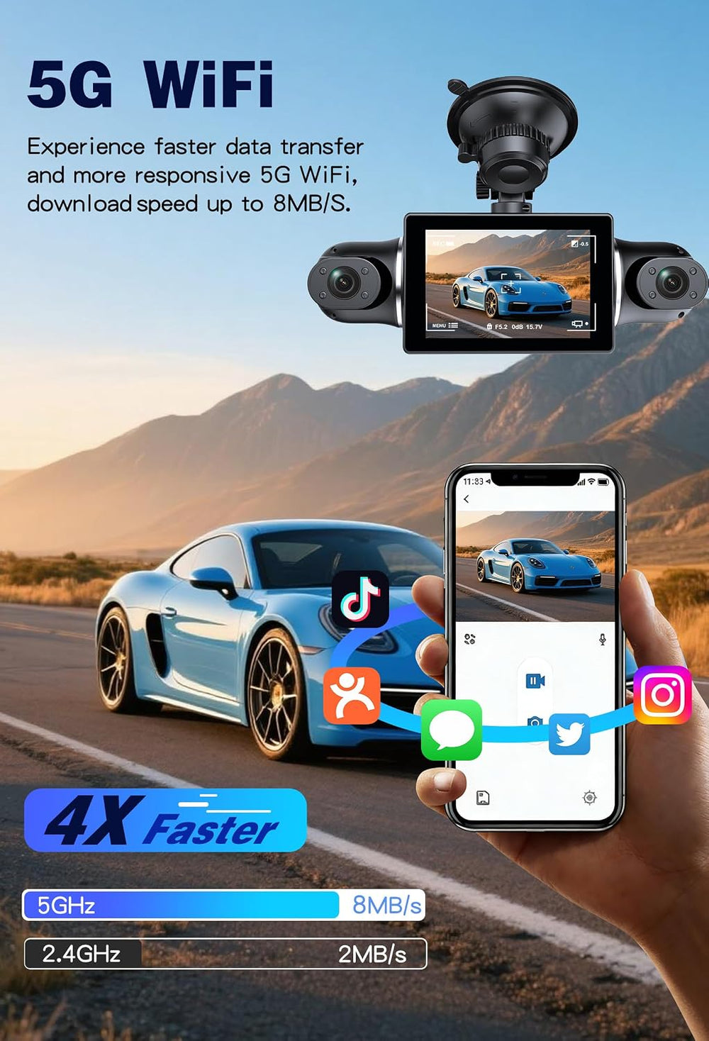 4 Channel Full HD Dash Cam, 2K Front + 1080P Side/Rear Cameras, 128GB Card