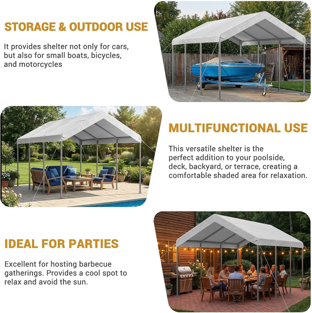 Aoxun 10x15 ft Heavy Duty Carport, Adjustable Height Portable Garage, White