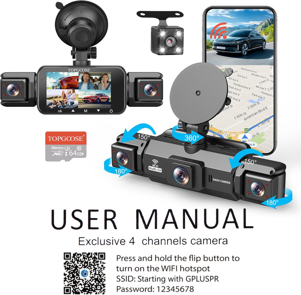 4 Channel Dash Cam 360° View, TOPGOOSE 2K FHD Front and Rear Inside, Left Rig...