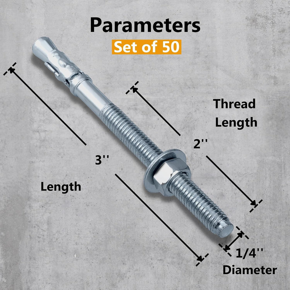 Party Animals 1/4 x 3 Inch Wedge Anchor, 50 PCs Zinc-Plated Industrial Anchor...