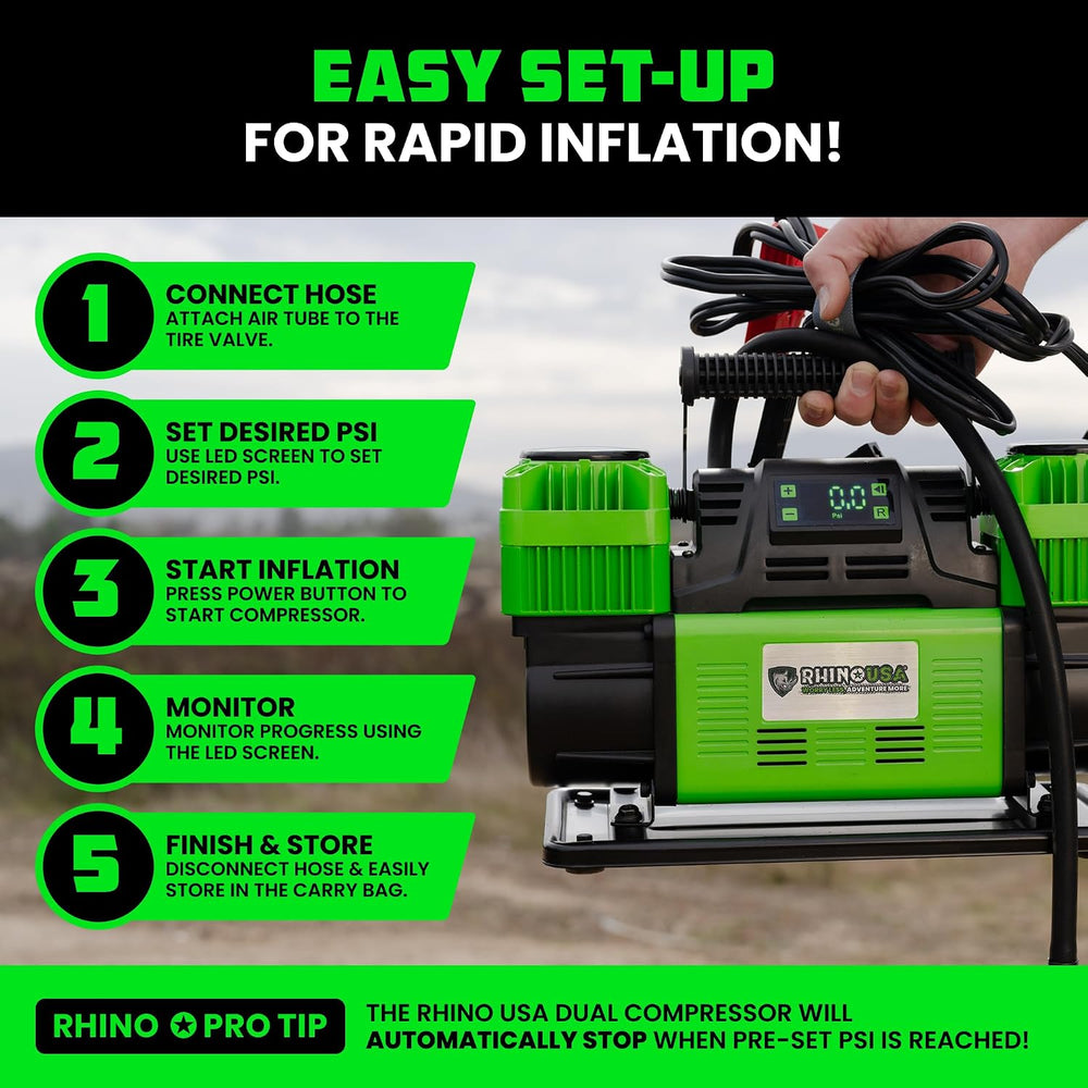 Rhino USA Dual Tire Air Compressor - 12V Portable Pump with Pressure Gauge