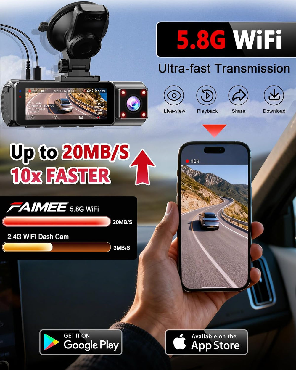 FAIMEE 4K Dash Cam Front and Rear, Night Vision, WDR, Free Card Included