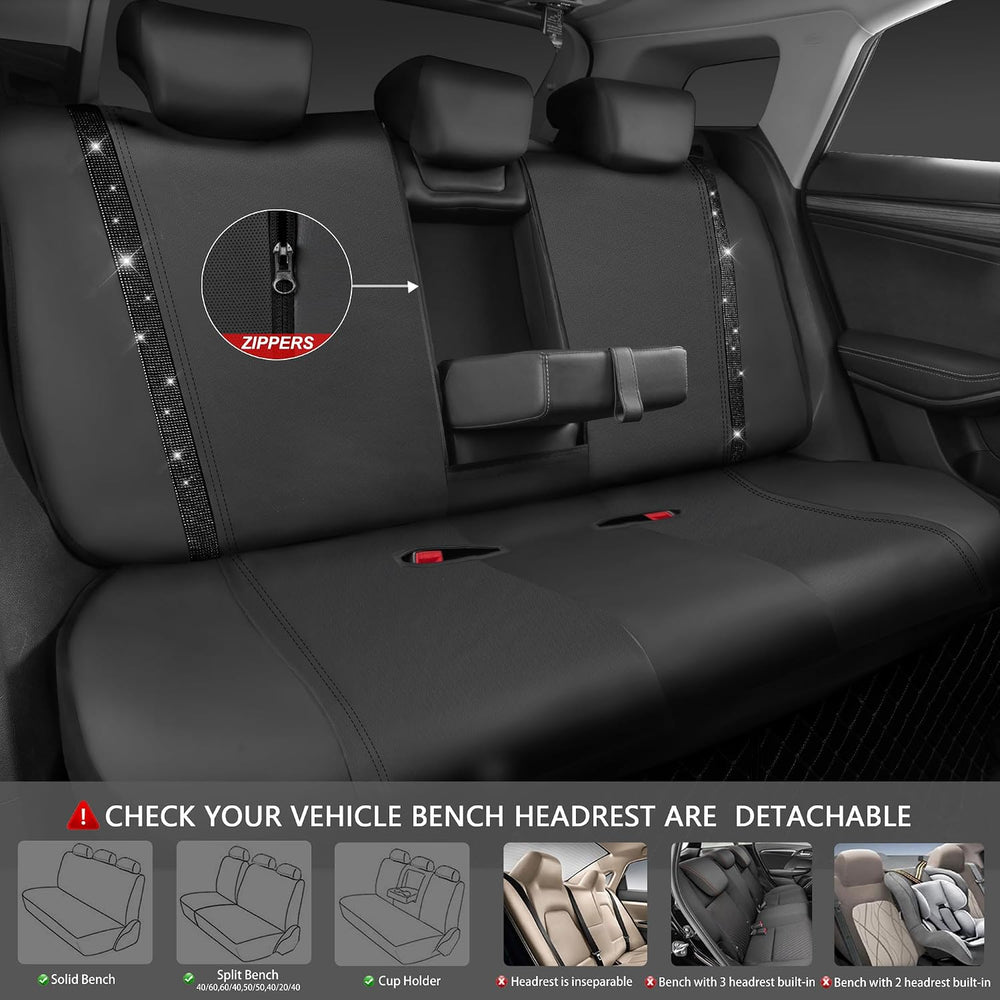 CAR PASS Leather Bling Diamond Car Seat Covers Full Set, Shining Rhinestone W...