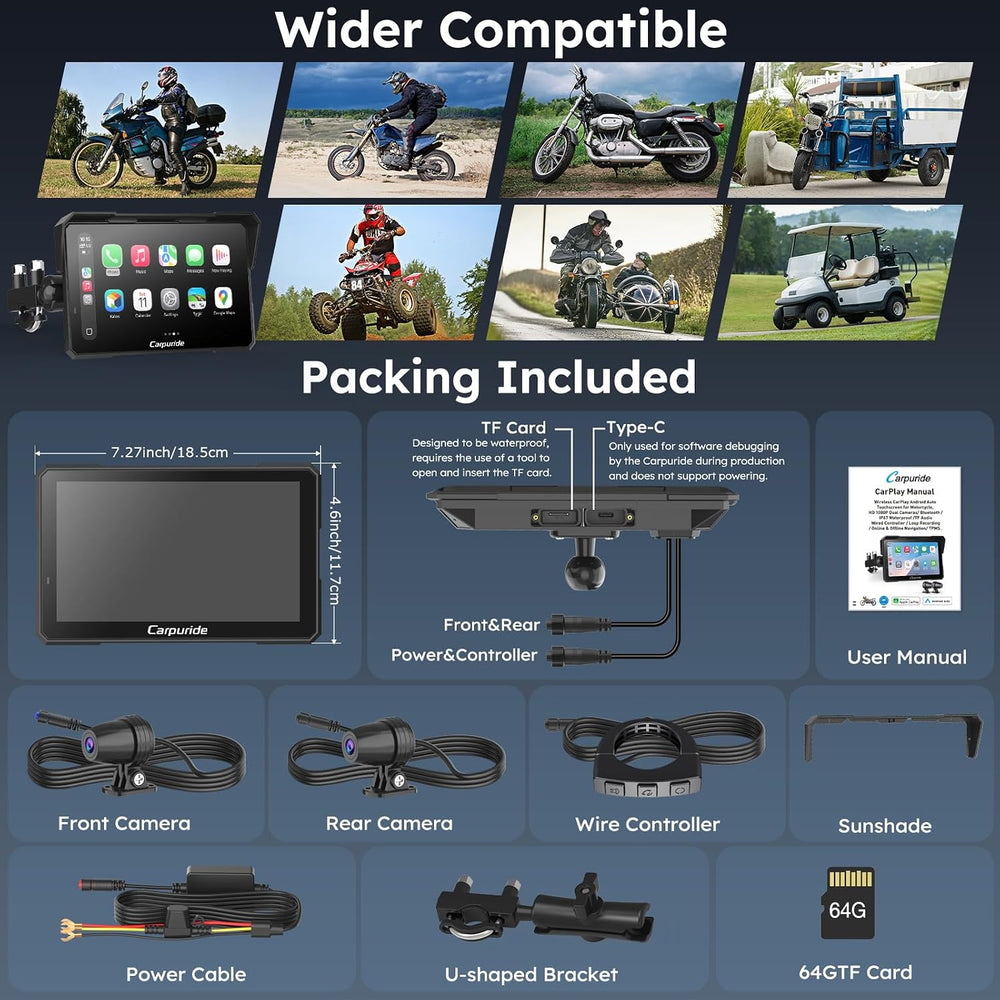 Carpuride W702 Plus 7" Motorcycle CarPlay Android Auto Android 14 Dash Cam