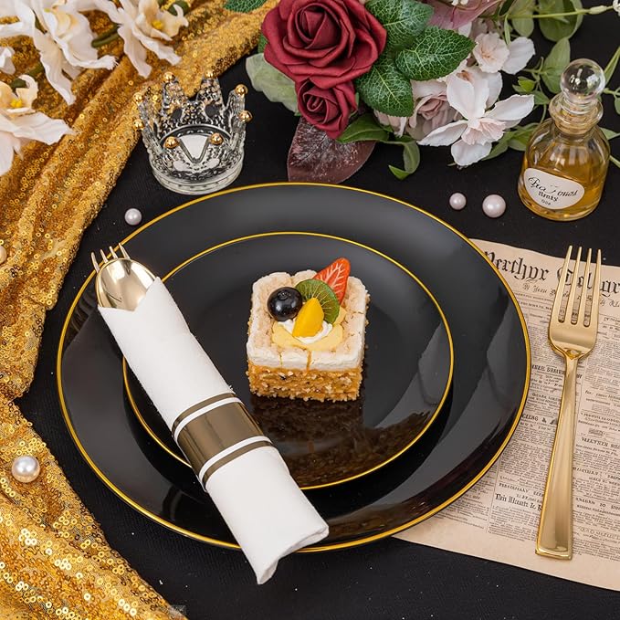 KIRE 175Pcs Black Plates Disposable - Heavy Duty Black and Gold Plastic Plate...