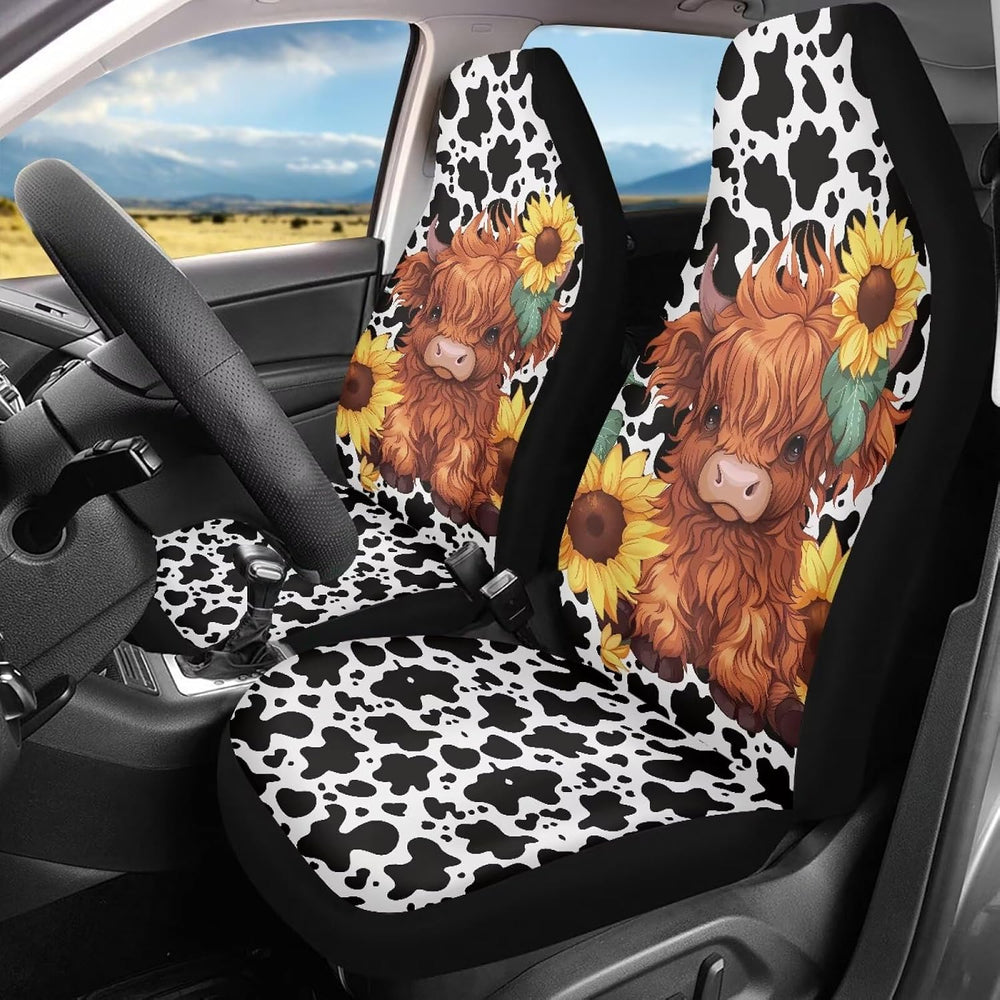 Cute Sunflower Highland Cow Front Seat Covers for Cars Bucket Seat Covers Bla...