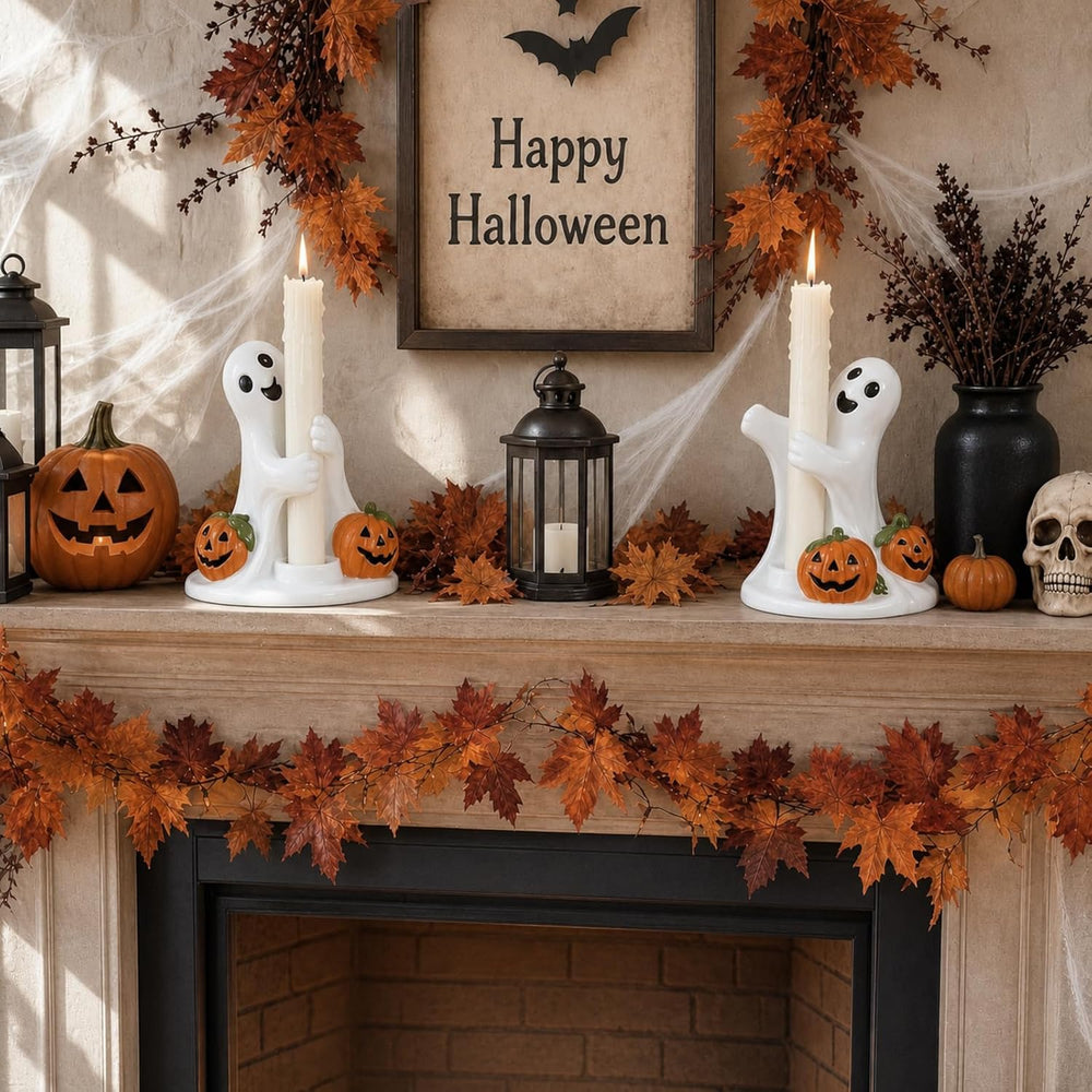 Vesici 2 Pcs Halloween Pumpkin and Ghost Candle Holder for Centerpieces