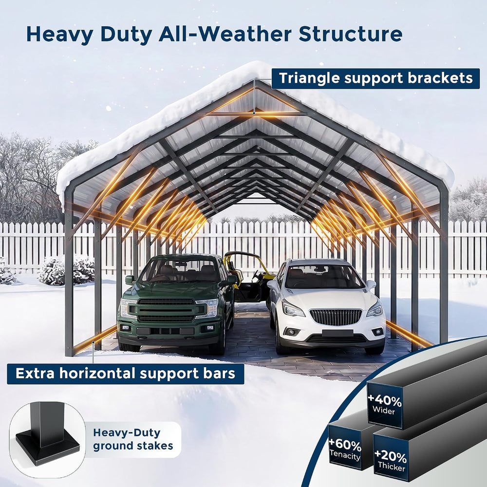20x40FT Extra Large Heavy Duty Metal Carport 132° Steep Anti-Pooling Roof