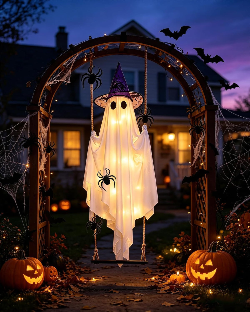 Swinging Ghost with 2PCS Hat & 12PCS Spider Halloween Decoration Outdoor